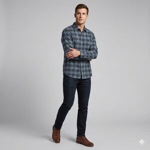 Faherty Flannel Shirt L Blue Plaid Organic Cotton Casual Core Rugged Cabin